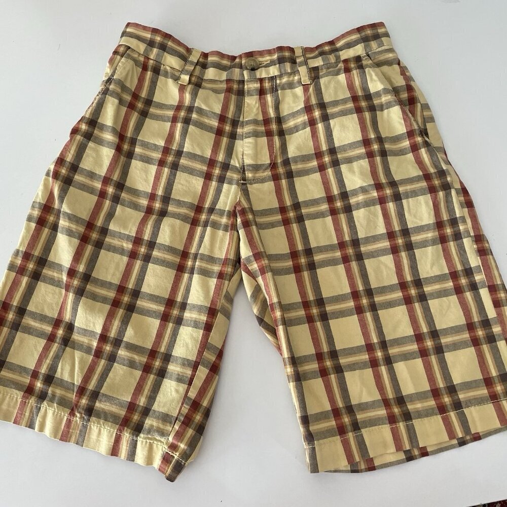 VINTAGE Y2K OLD NAVY LOOSE FIT YELLOW PLAID CHINO SHORTS MENS 28 Preppy Golf